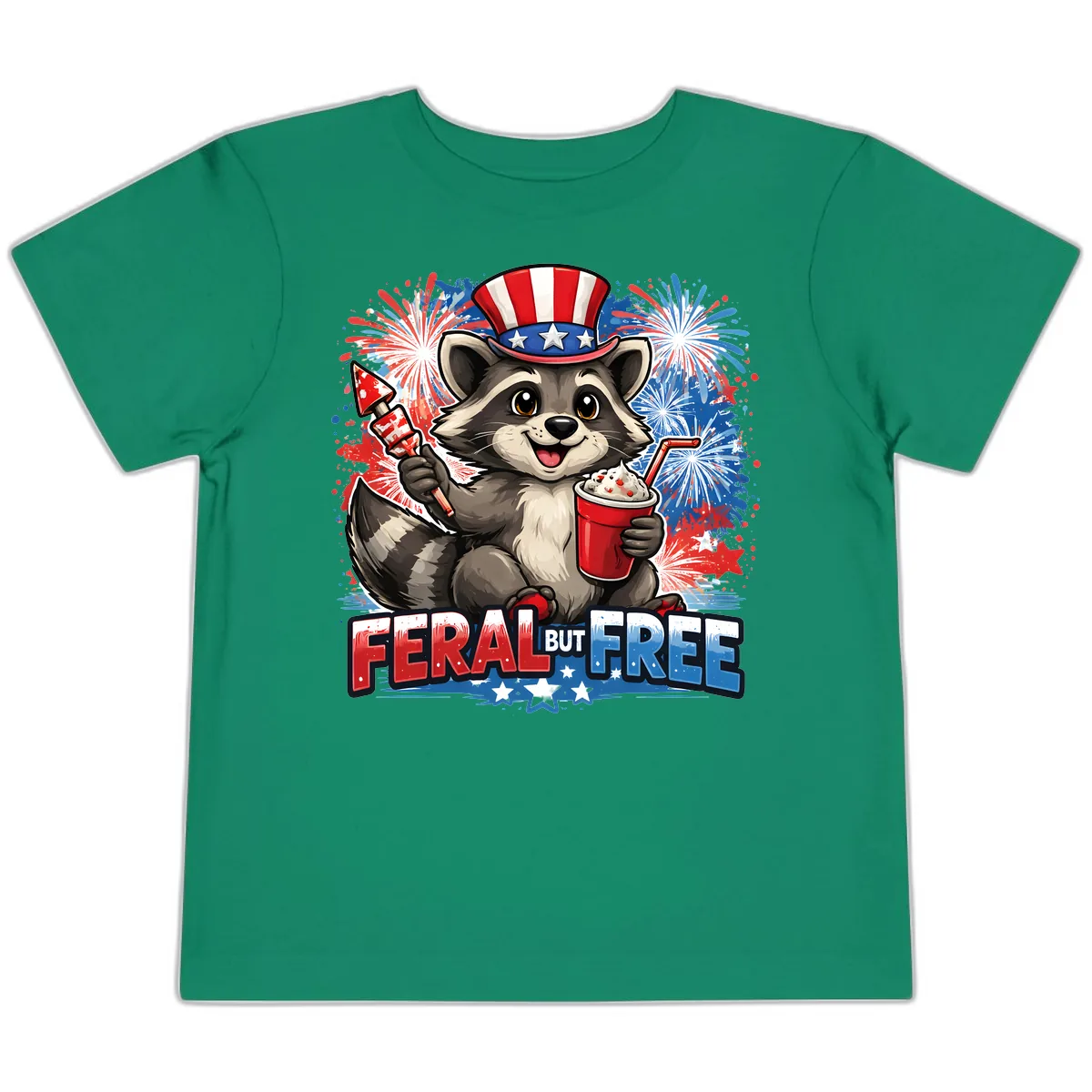 Feral But Free Raccoon Fourth of July Celebration Toddler T-Shirt in Kelly