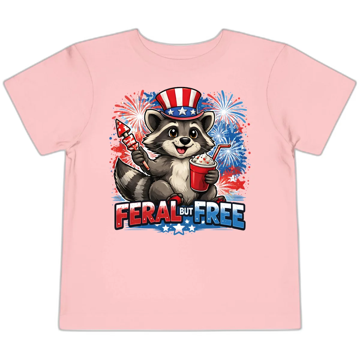 Feral But Free Raccoon Fourth of July Celebration Toddler T-Shirt in Pink