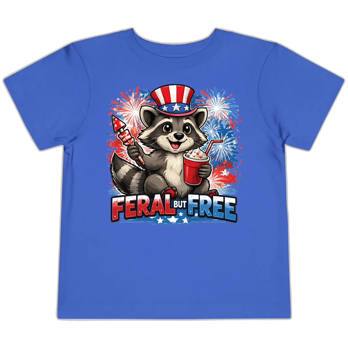 Feral But Free Raccoon Fourth of July Celebration Toddler T-Shirt in True Royal