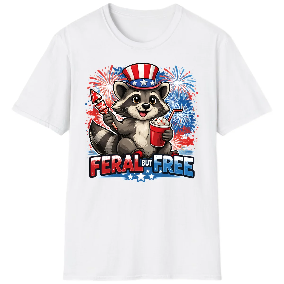 Feral But Free Raccoon Fourth of July Celebration T-Shirt in White