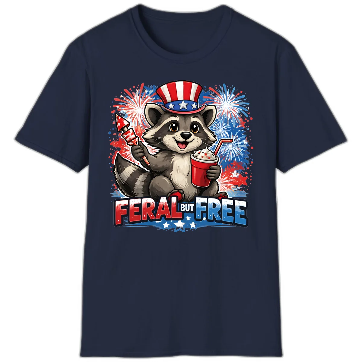 Feral But Free Raccoon Fourth of July Celebration T-Shirt in Navy