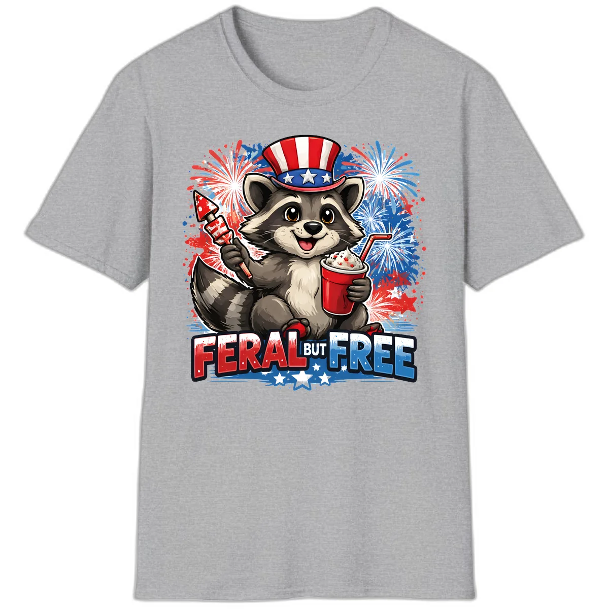 Feral But Free Raccoon Fourth of July Celebration T-Shirt in Sport Grey