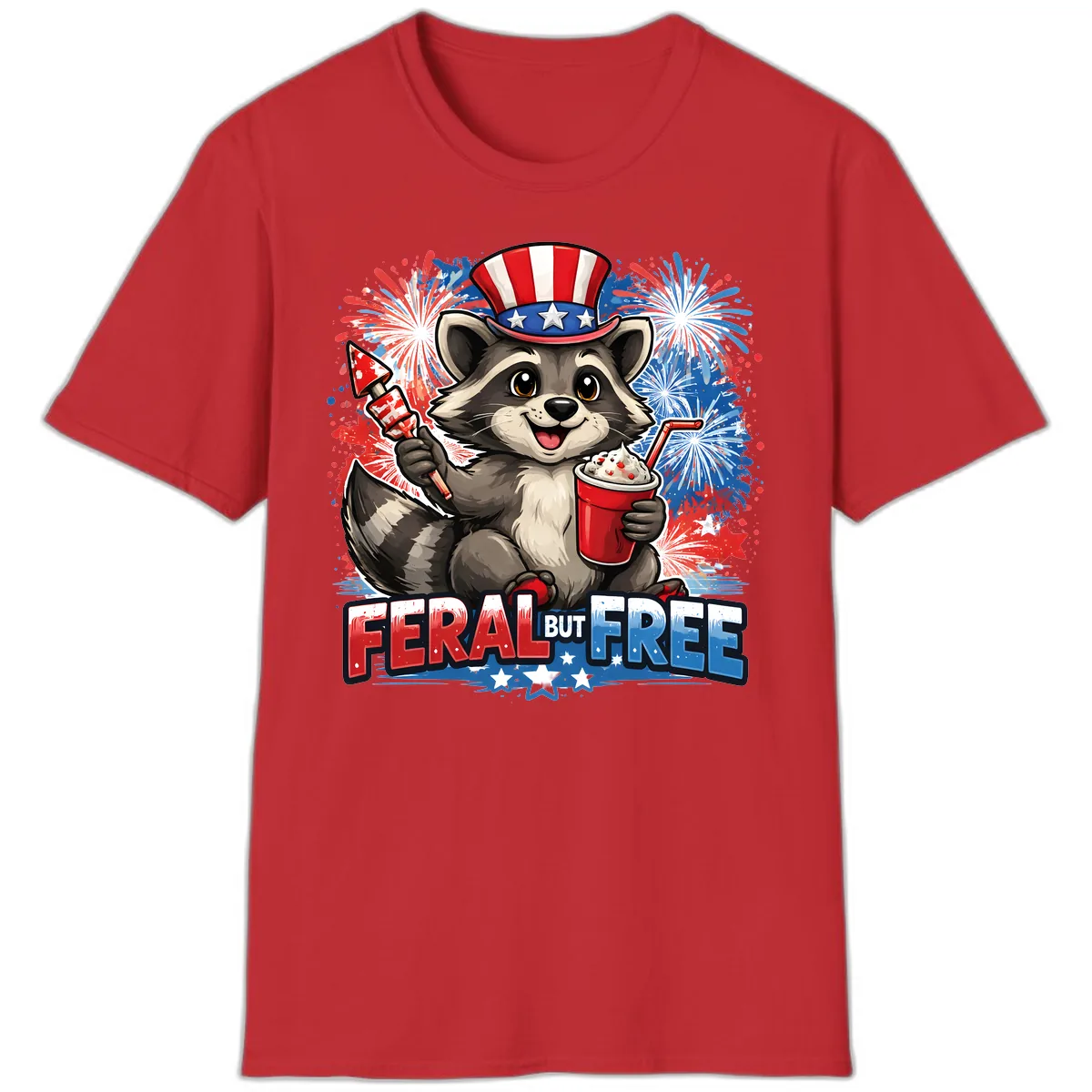 Feral But Free Raccoon Fourth of July Celebration T-Shirt in Red