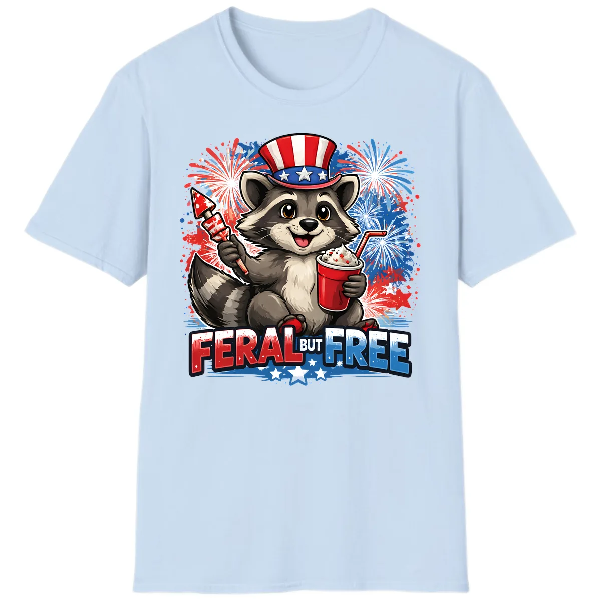 Feral But Free Raccoon Fourth of July Celebration T-Shirt in Light Blue