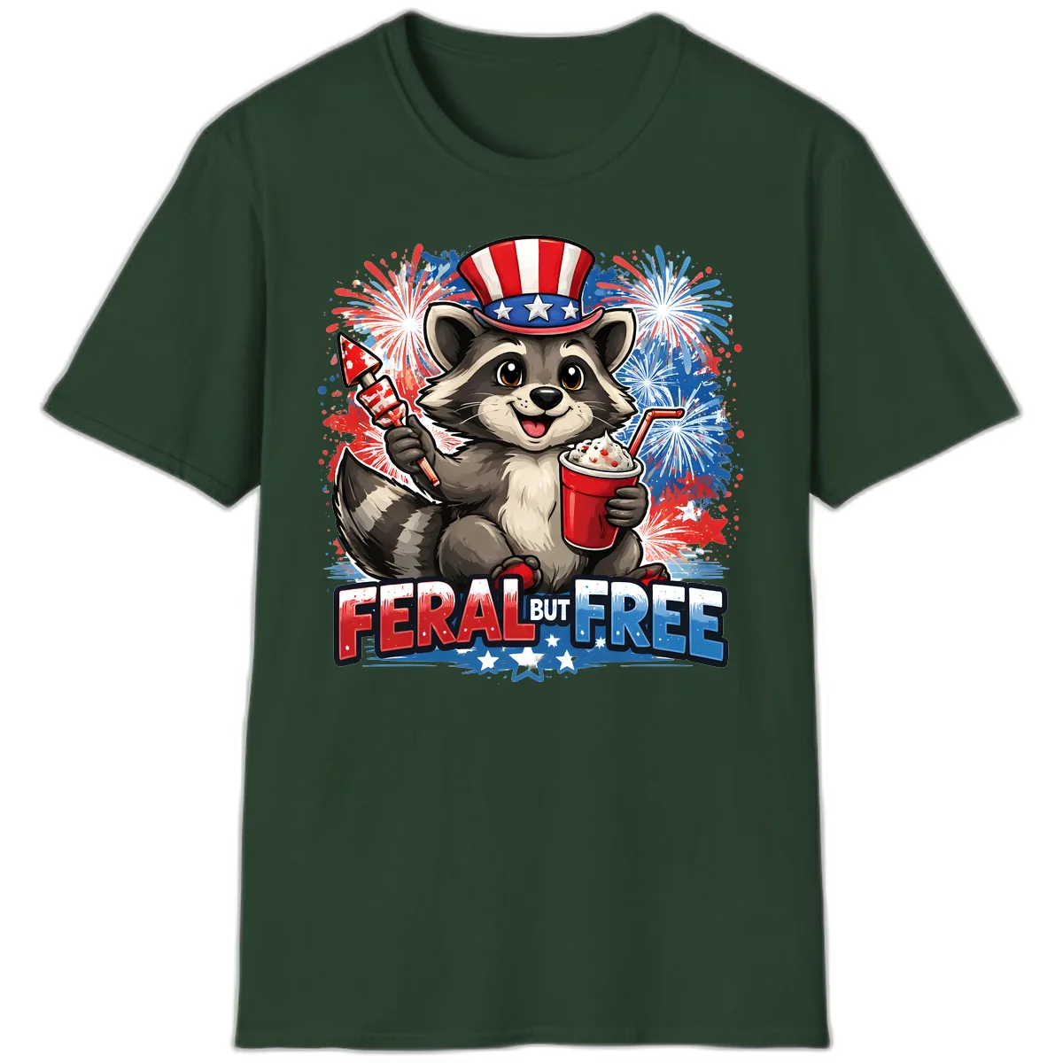 Feral But Free Raccoon Fourth of July Celebration T-Shirt in Forest Green