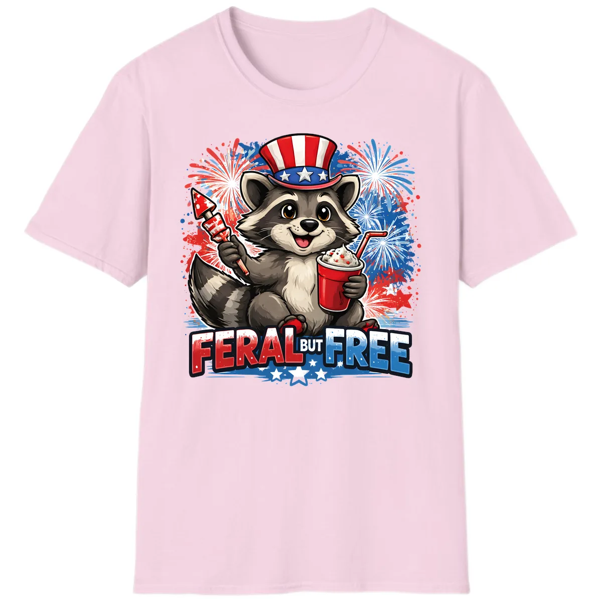 Feral But Free Raccoon Fourth of July Celebration T-Shirt in Light Pink