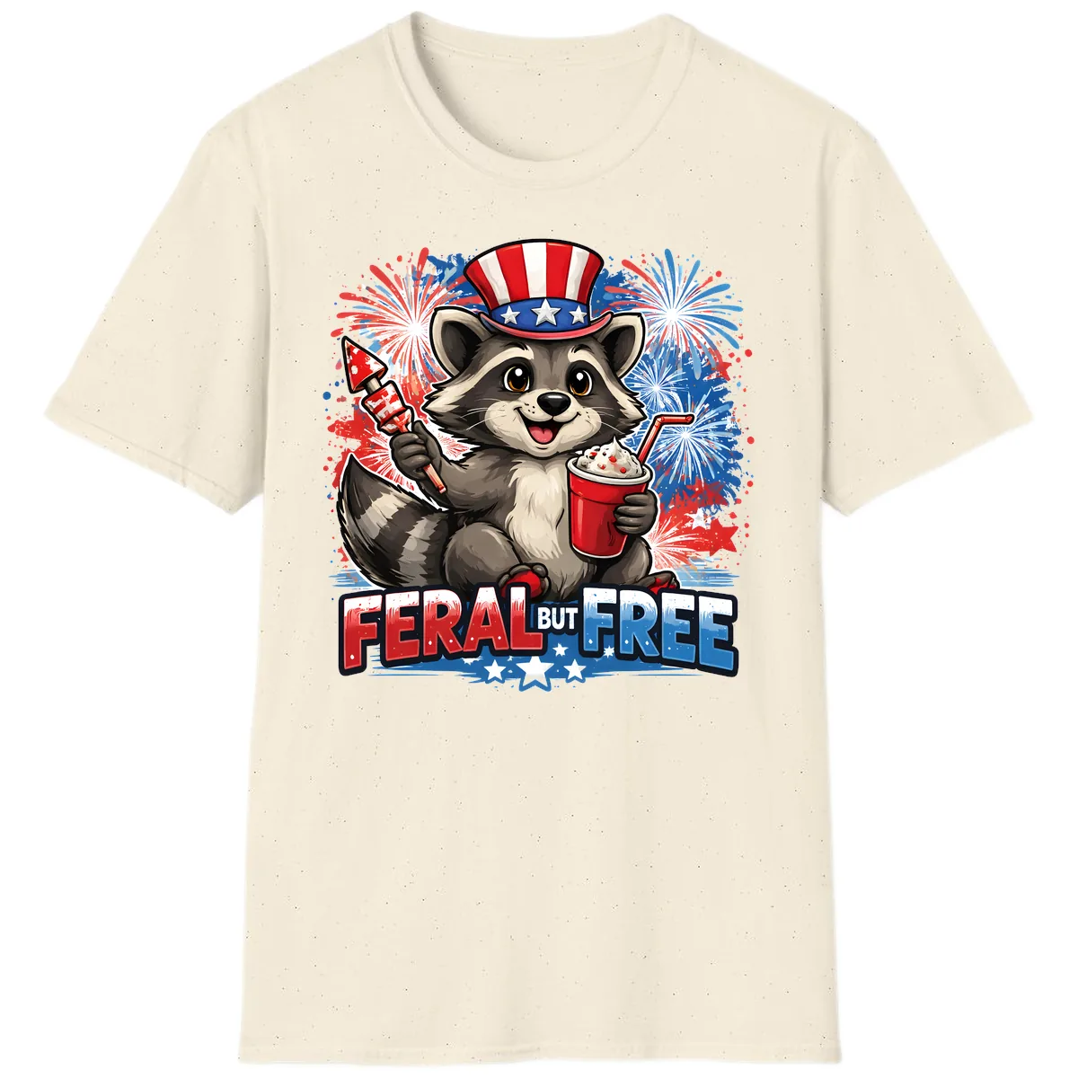 Feral But Free Raccoon Fourth of July Celebration T-Shirt in Natural