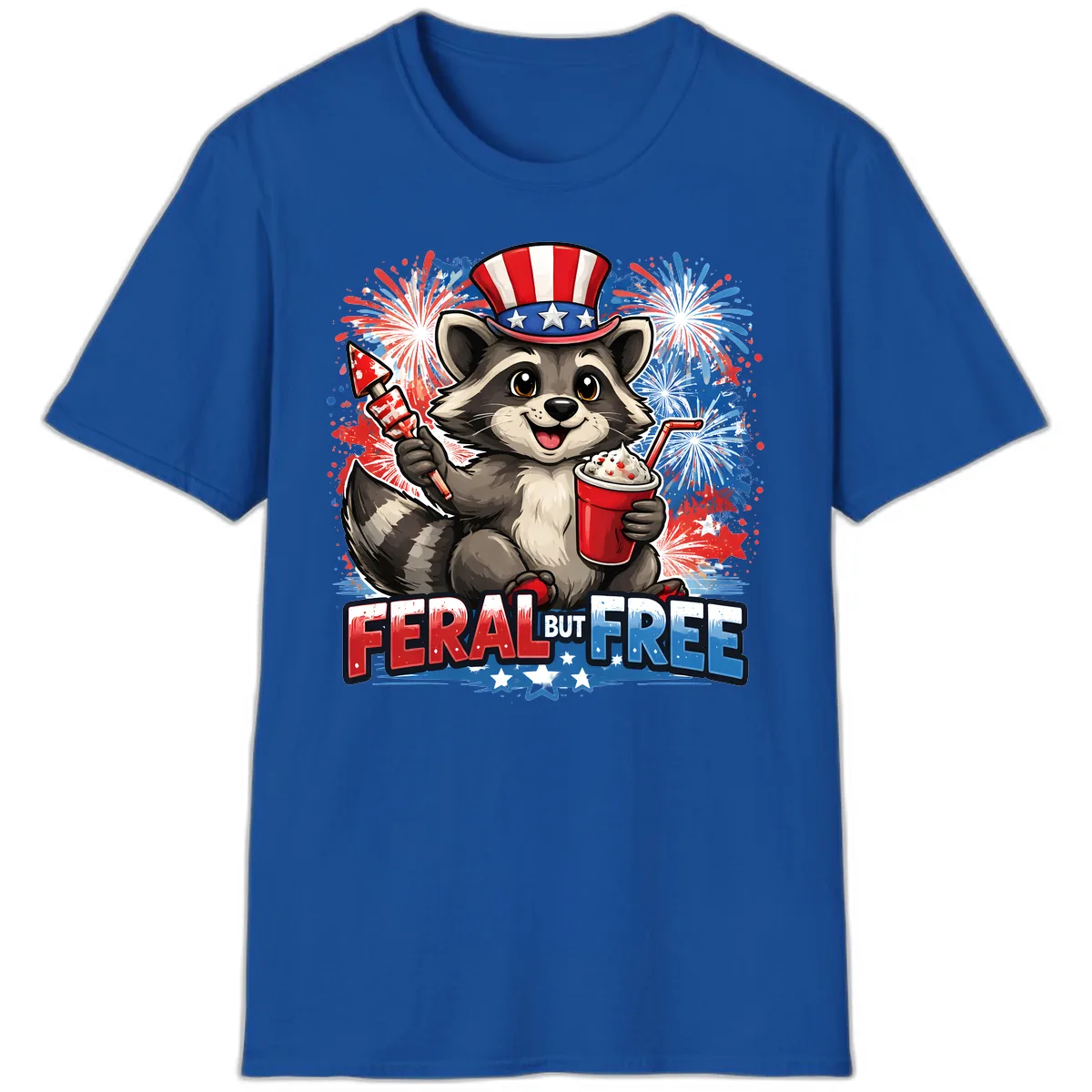 Feral But Free Raccoon Fourth of July Celebration T-Shirt in Royal