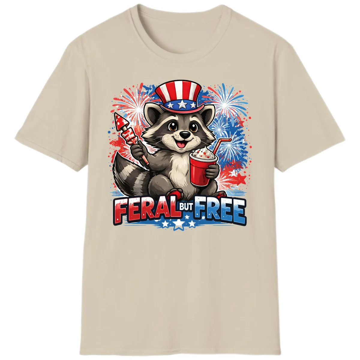 Feral But Free Raccoon Fourth of July Celebration T-Shirt in Sand