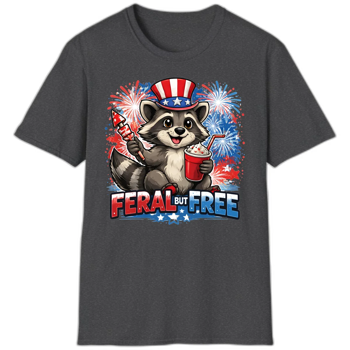 Feral But Free Raccoon Fourth of July Celebration T-Shirt in Dark Heather