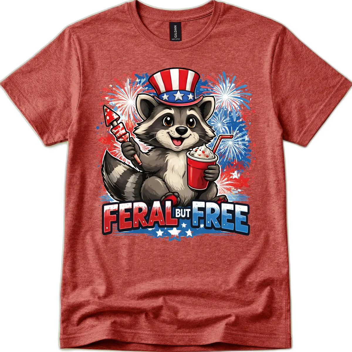 Feral But Free Raccoon Fourth of July Celebration T-Shirt in Heather Cardinal