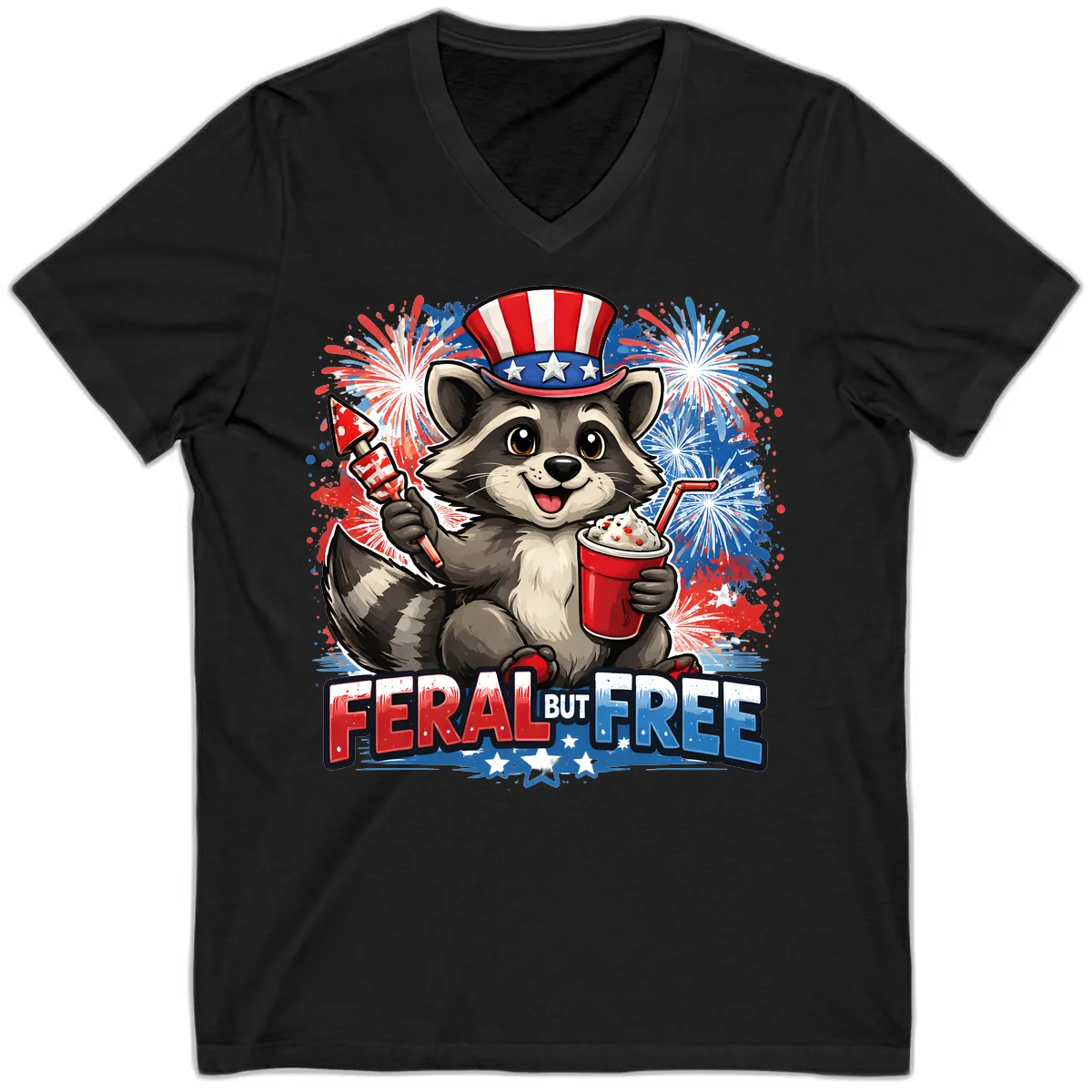 Feral But Free Raccoon Fourth of July Celebration V-Neck in Black
