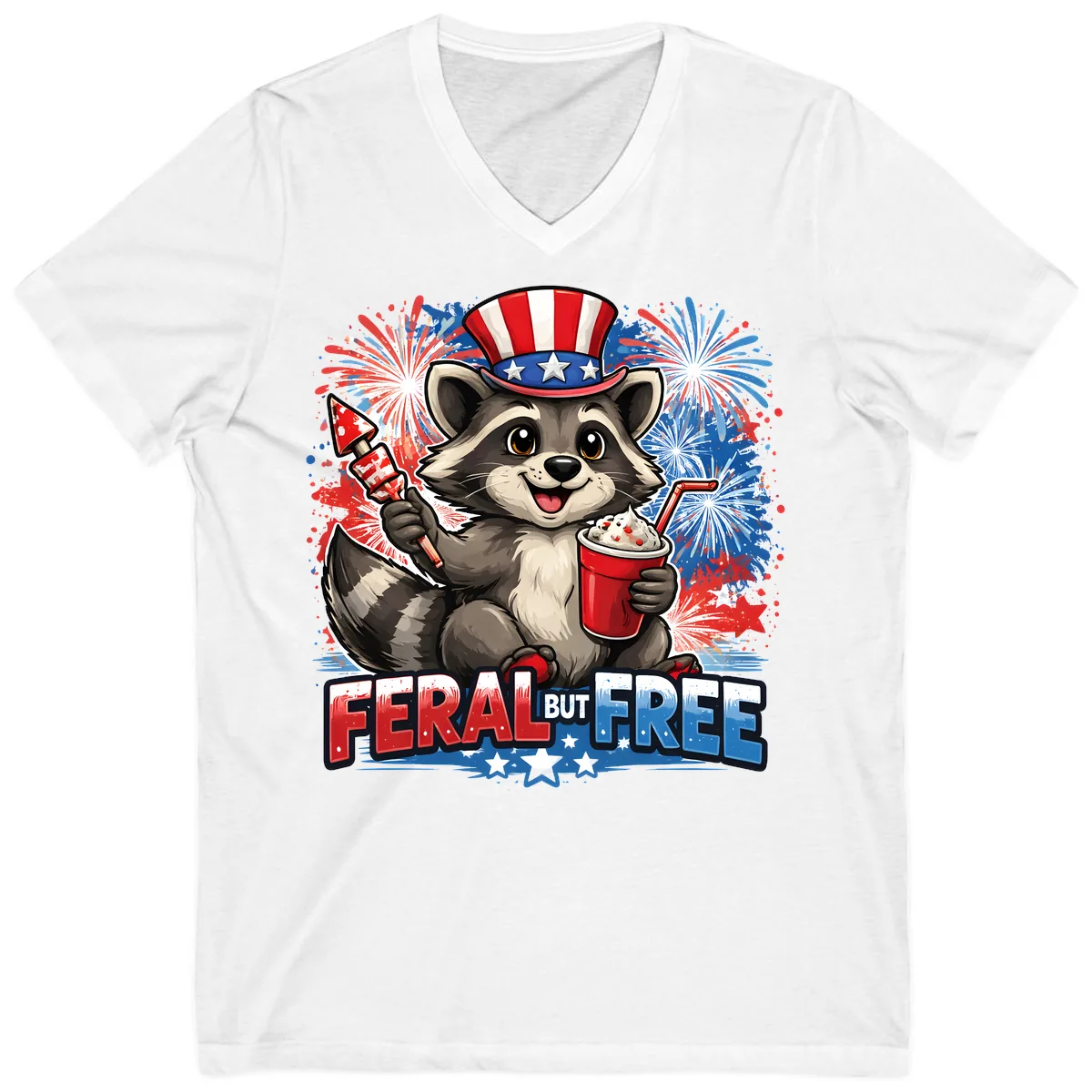 Feral But Free Raccoon Fourth of July Celebration V-Neck in White
