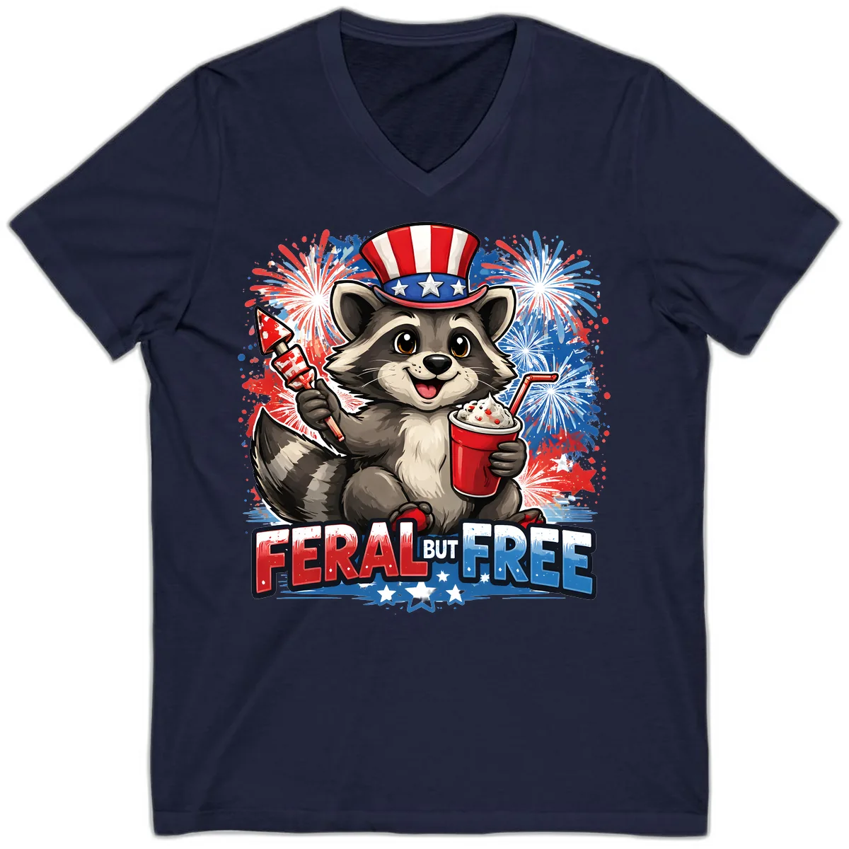 Feral But Free Raccoon Fourth of July Celebration V-Neck in Navy