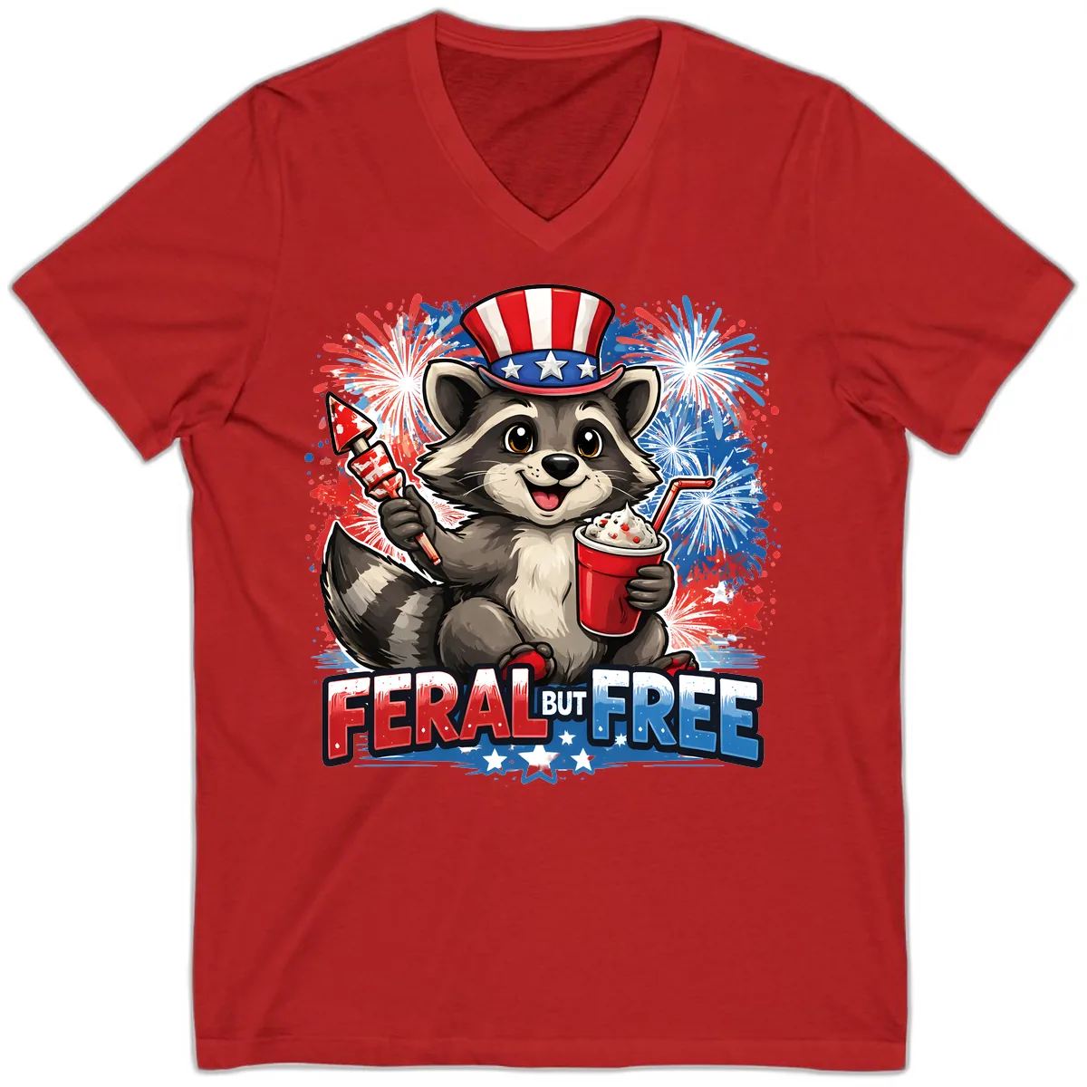 Feral But Free Raccoon Fourth of July Celebration V-Neck in Red