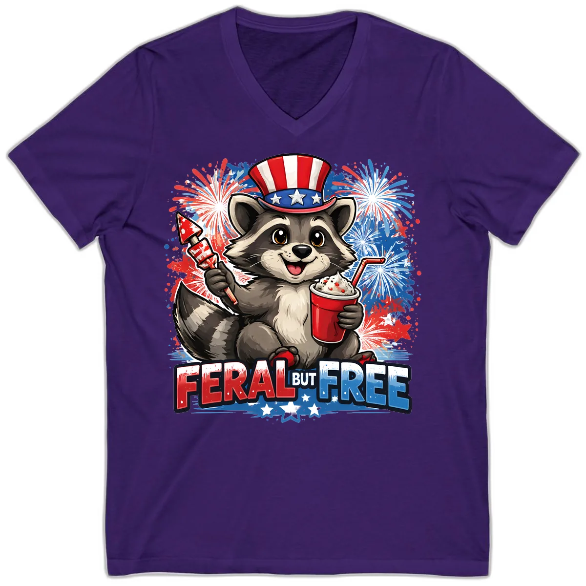 Feral But Free Raccoon Fourth of July Celebration V-Neck in Team Purple