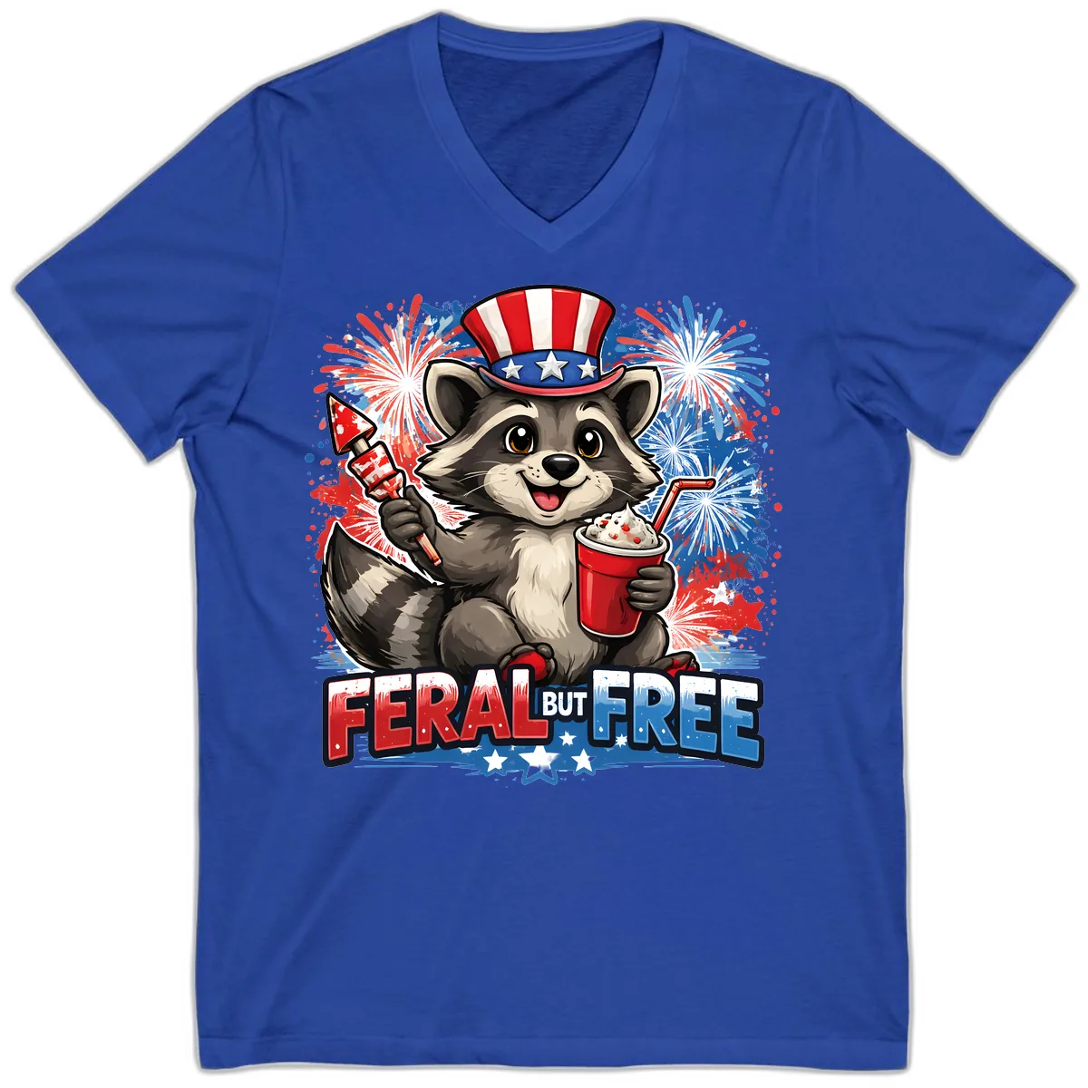 Feral But Free Raccoon Fourth of July Celebration V-Neck in True Royal
