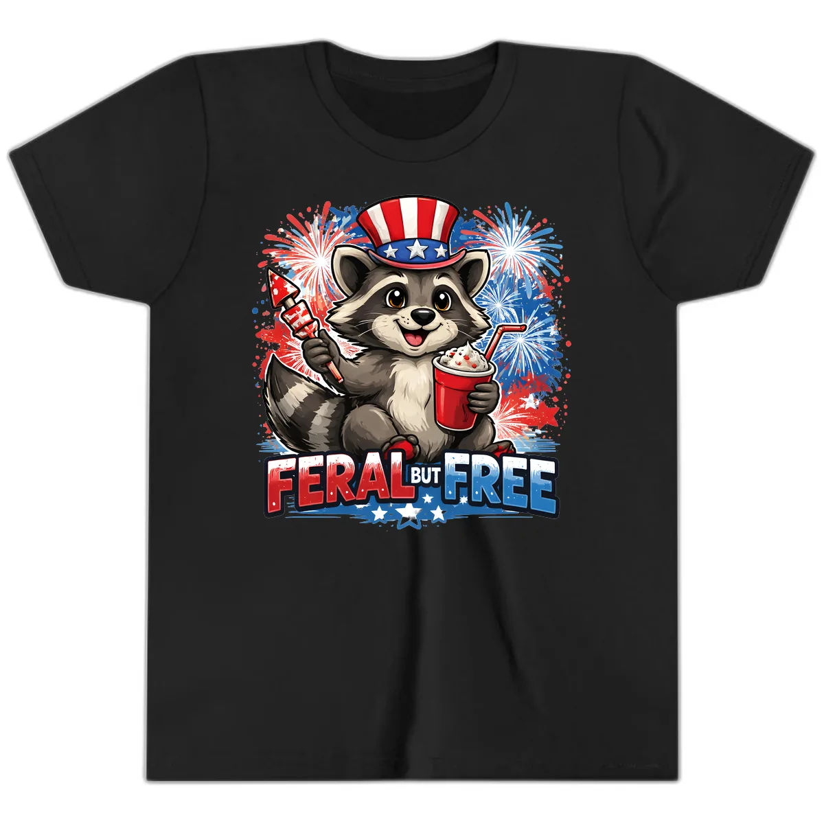 Feral But Free Raccoon Fourth of July Celebration Youth T-Shirt in Black