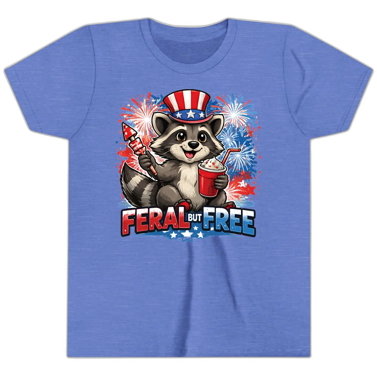 Feral But Free Raccoon Fourth of July Celebration Youth T-Shirt in Heather Columbia Blue