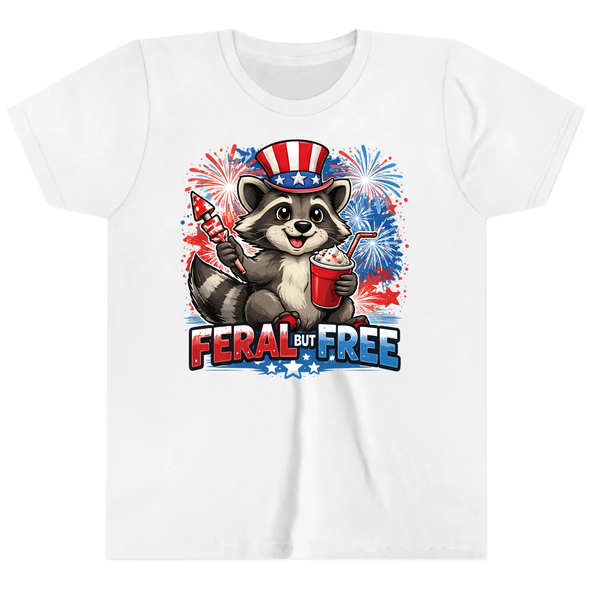 Feral But Free Raccoon Fourth of July Celebration Youth T-Shirt in White