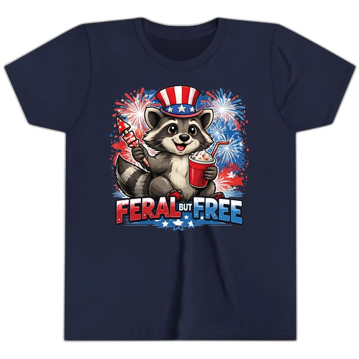 Feral But Free Raccoon Fourth of July Celebration Youth T-Shirt in Navy