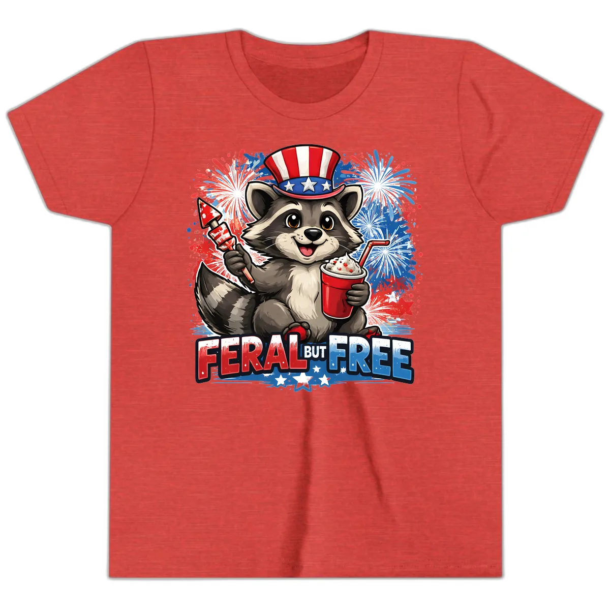 Feral But Free Raccoon Fourth of July Celebration Youth T-Shirt in Heather Red