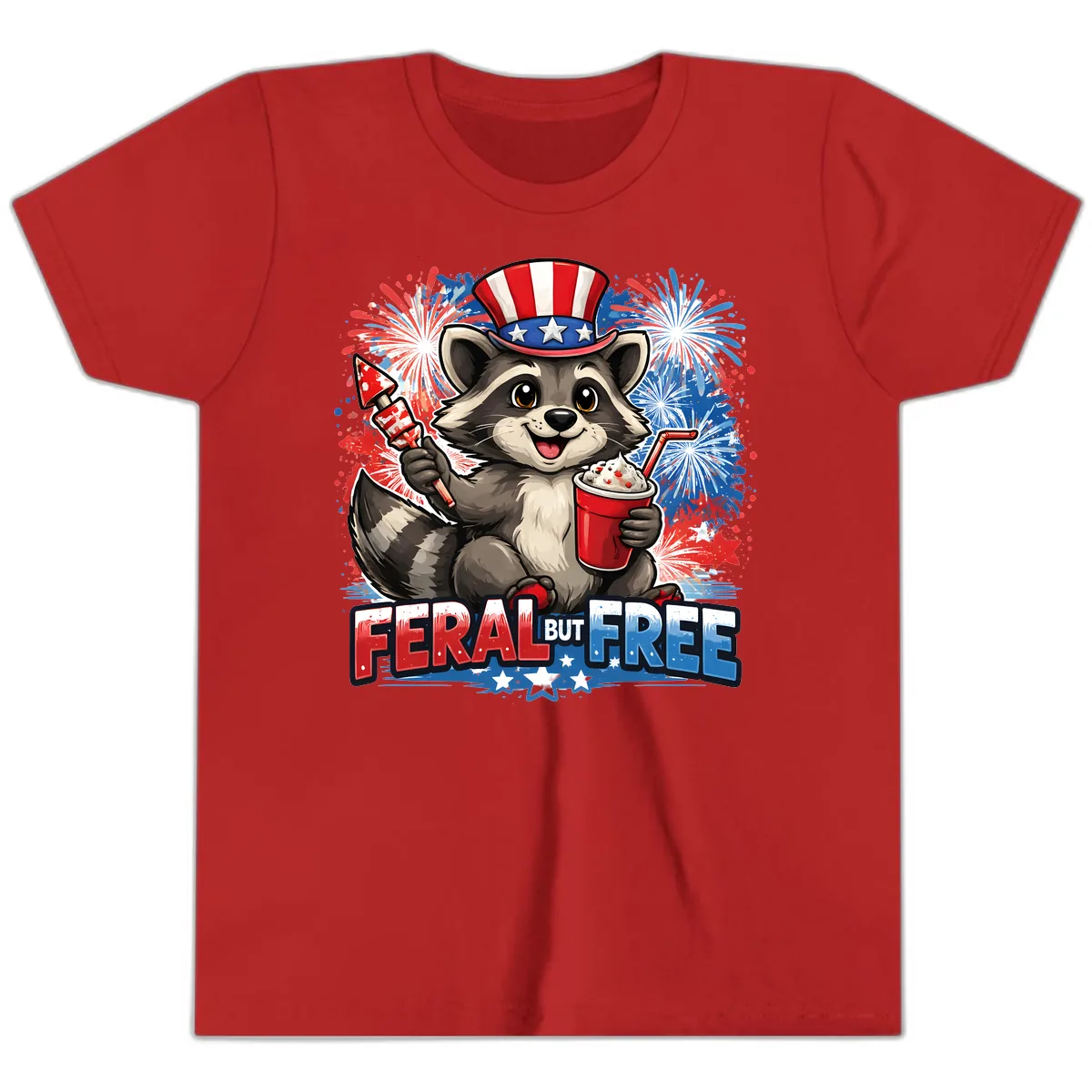 Feral But Free Raccoon Fourth of July Celebration Youth T-Shirt in Red