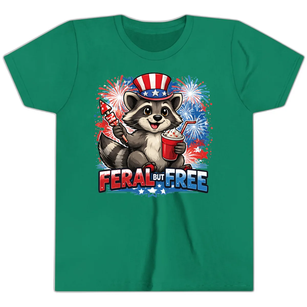 Feral But Free Raccoon Fourth of July Celebration Youth T-Shirt in Kelly