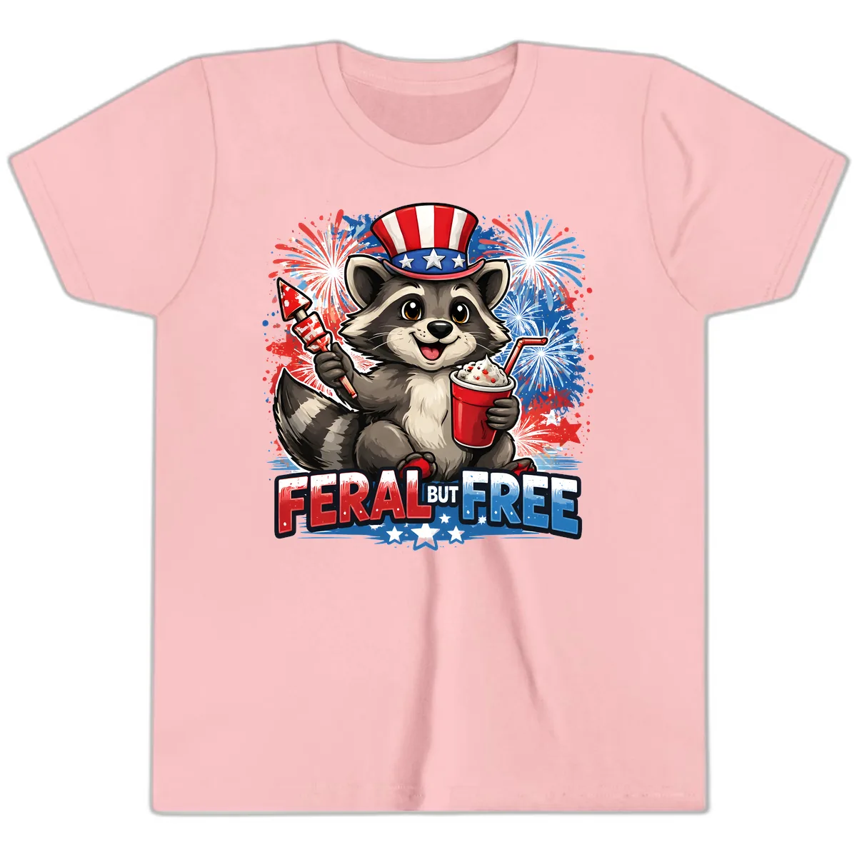Feral But Free Raccoon Fourth of July Celebration Youth T-Shirt in Pink