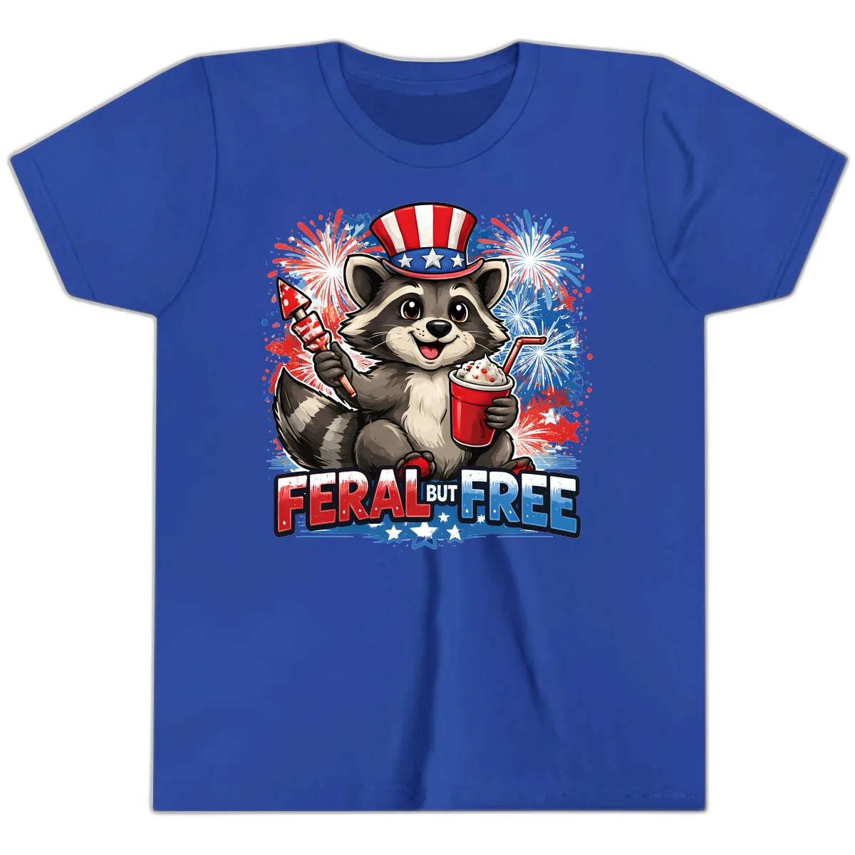 Feral But Free Raccoon Fourth of July Celebration Youth T-Shirt in True Royal