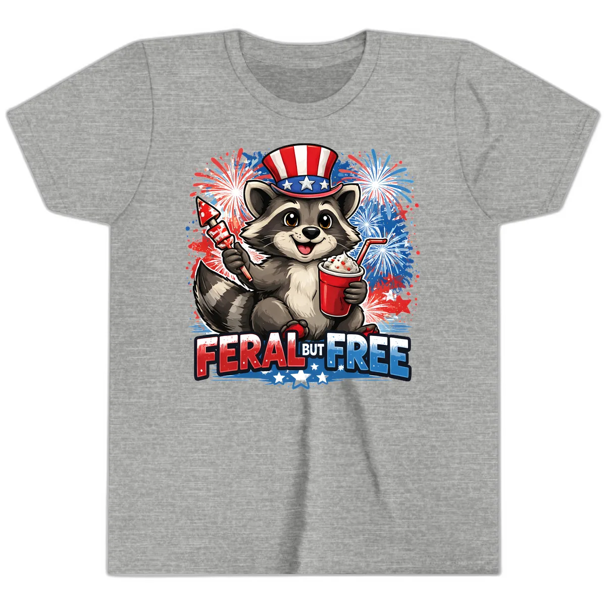 Feral But Free Raccoon Fourth of July Celebration Youth T-Shirt in Athletic Heather