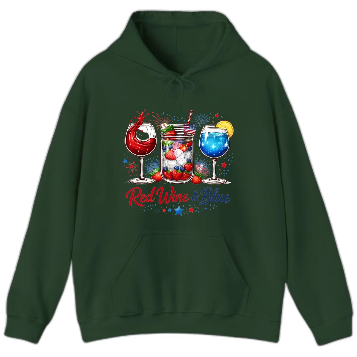 Red Wine & Blue Patriotic Summer Celebration Hoodie in Forest Green
