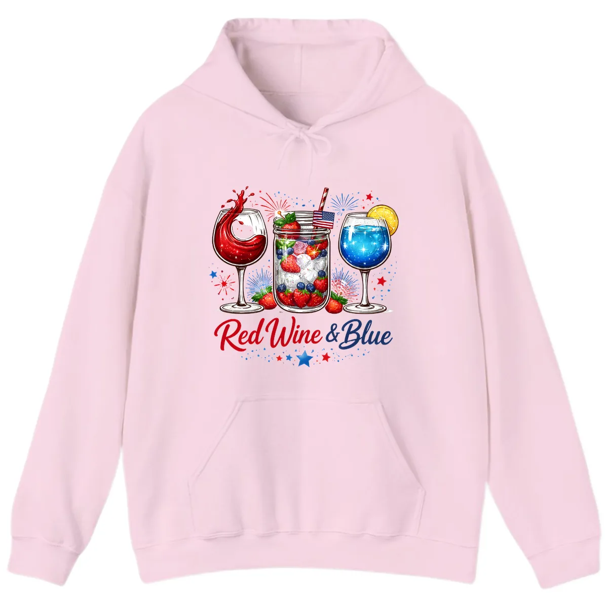 Red Wine & Blue Patriotic Summer Celebration Hoodie in Light Pink