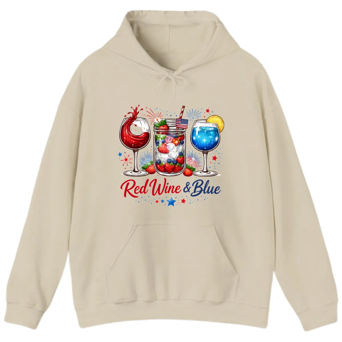 Red Wine & Blue Patriotic Summer Celebration Hoodie in Sand