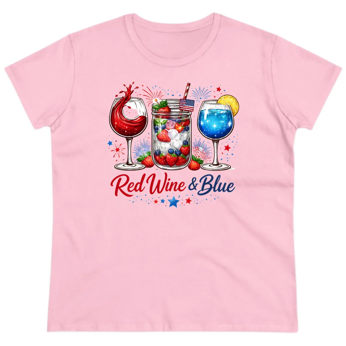 Red Wine & Blue Patriotic Summer Celebration Ladies Tee in Light Pink