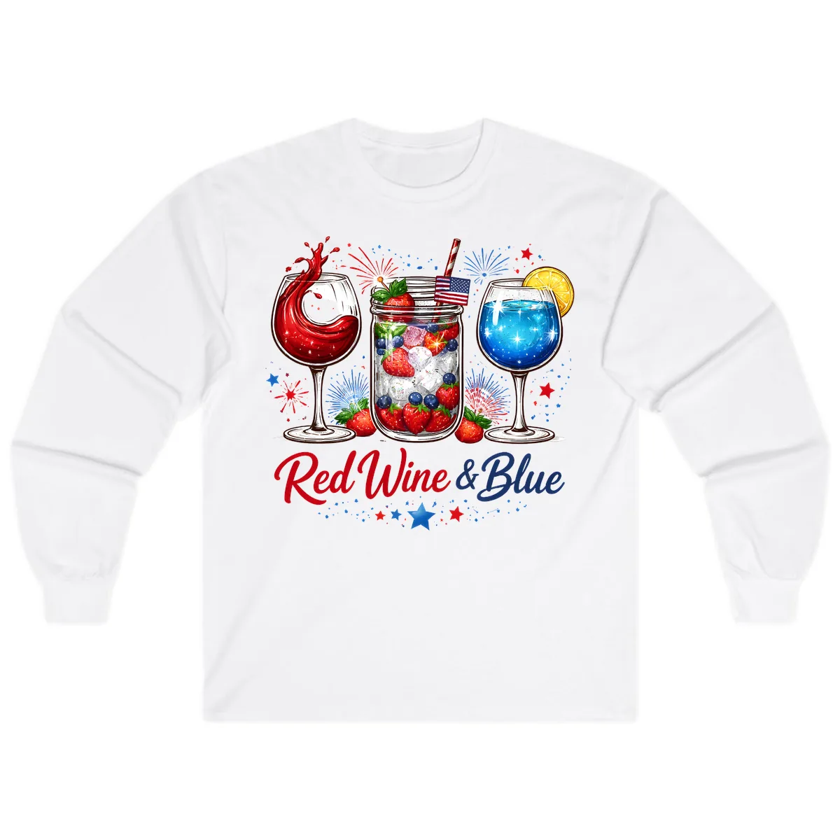 Red Wine & Blue Patriotic Summer Celebration Long Sleeve in White