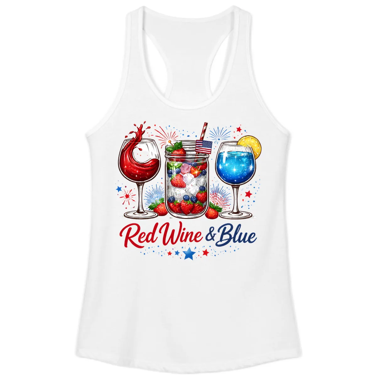 Red Wine & Blue Patriotic Summer Celebration Ladies Tank in White