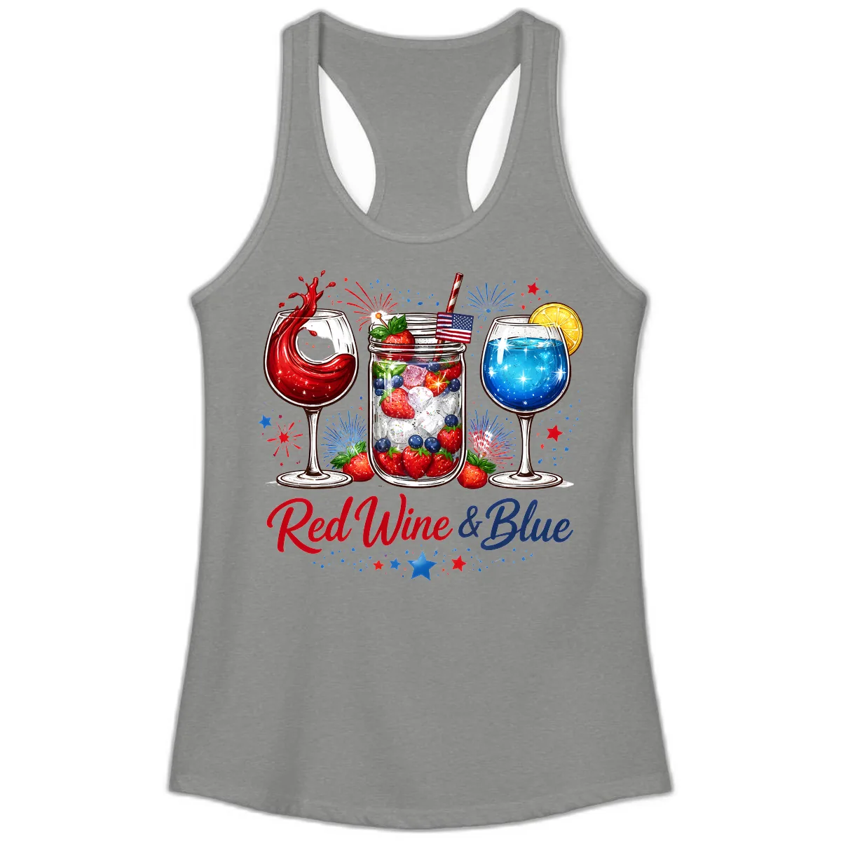 Red Wine & Blue Patriotic Summer Celebration Ladies Tank in Heather Grey