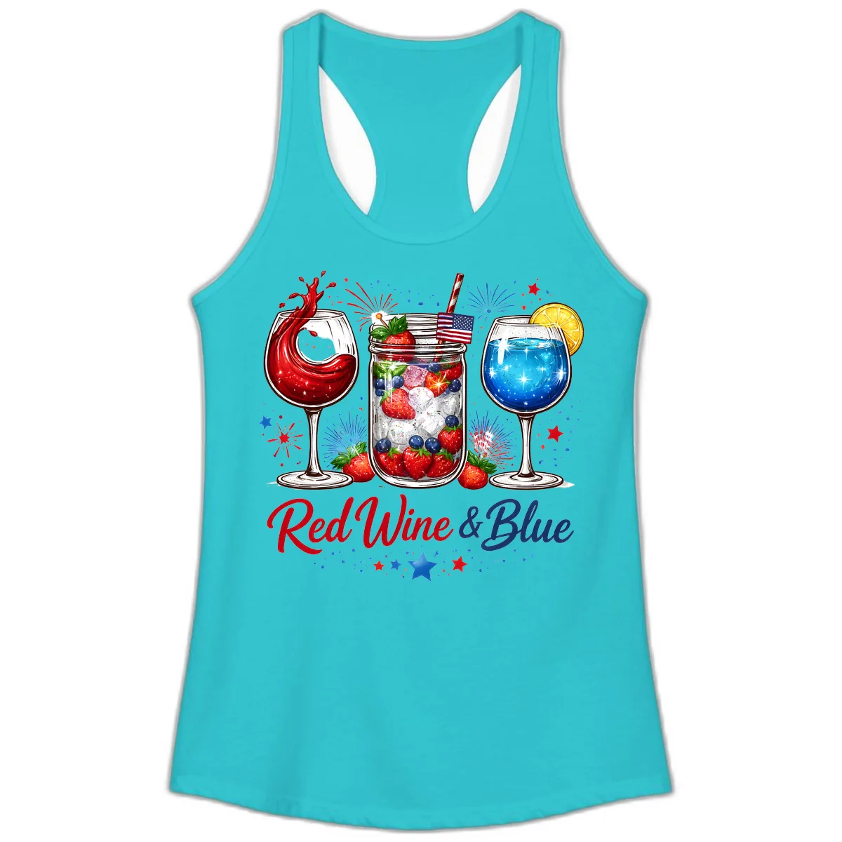 Red Wine & Blue Patriotic Summer Celebration Ladies Tank in Solid Tahiti Blue