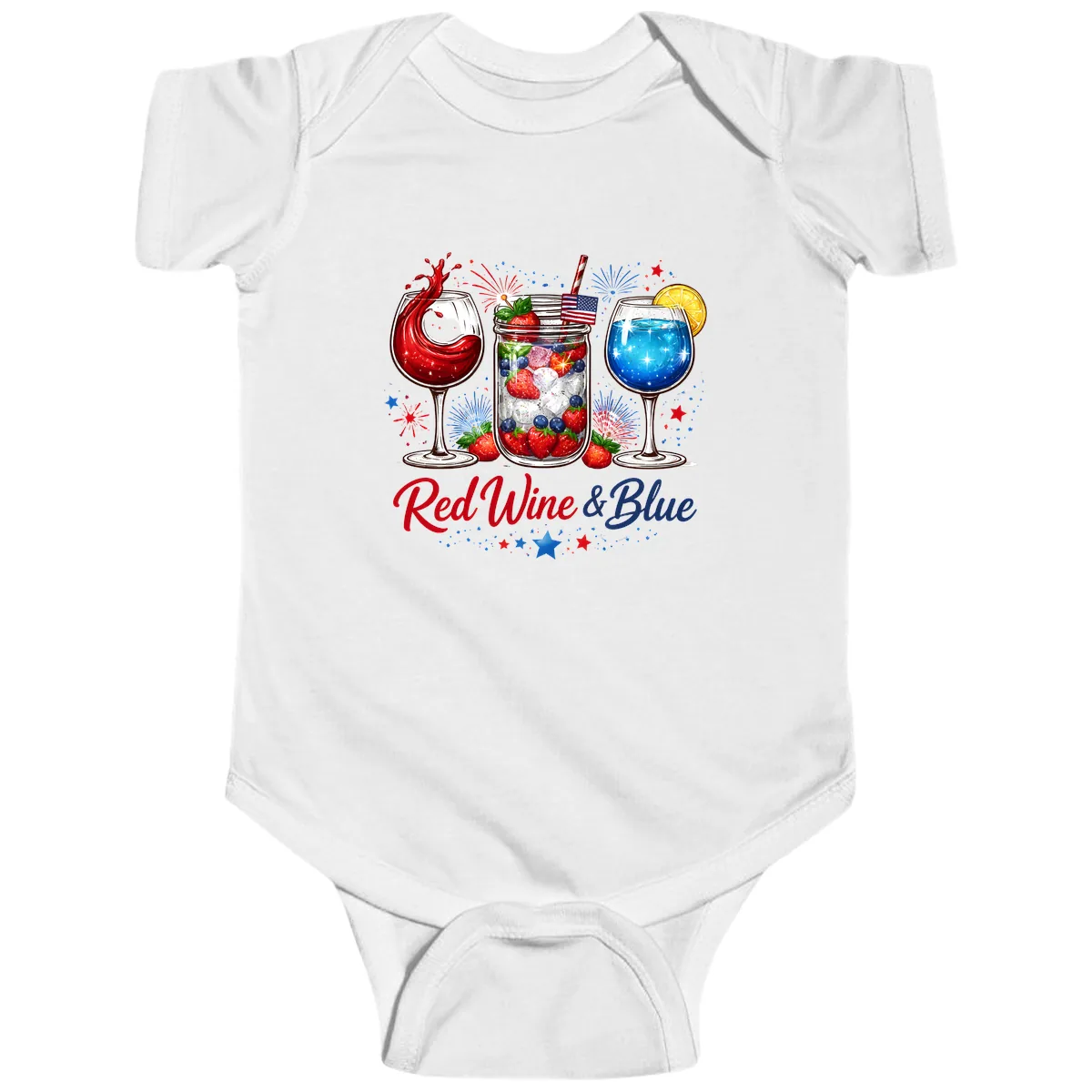 Red Wine & Blue Patriotic Summer Celebration Baby Onesie in White