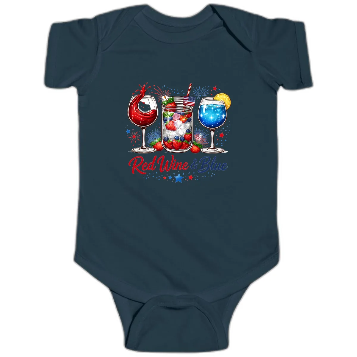 Red Wine & Blue Patriotic Summer Celebration Baby Onesie in Navy
