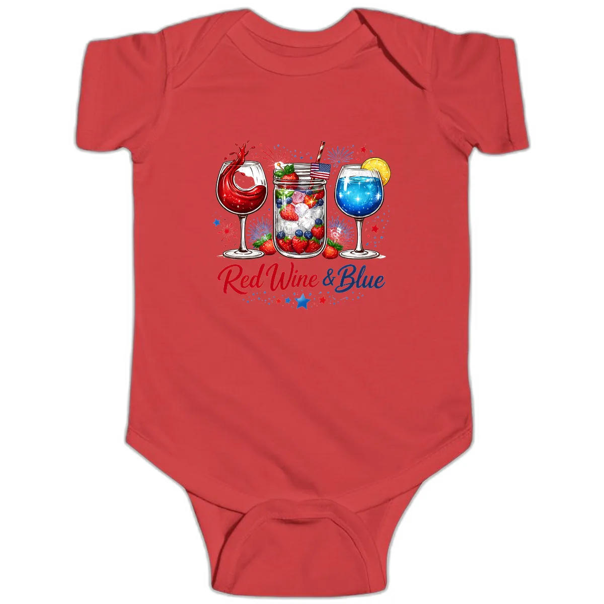 Red Wine & Blue Patriotic Summer Celebration Baby Onesie in Red