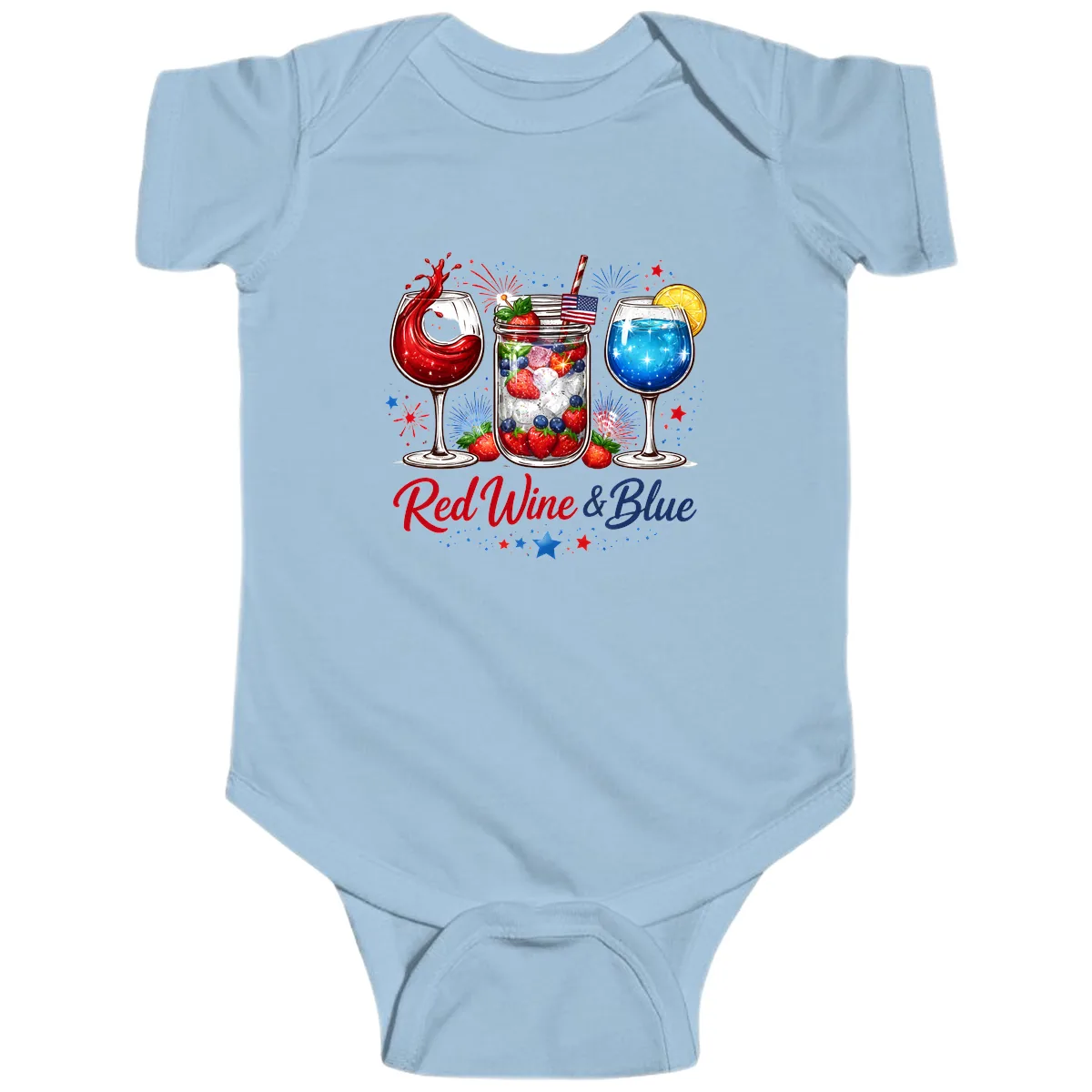 Red Wine & Blue Patriotic Summer Celebration Baby Onesie in Light Blue