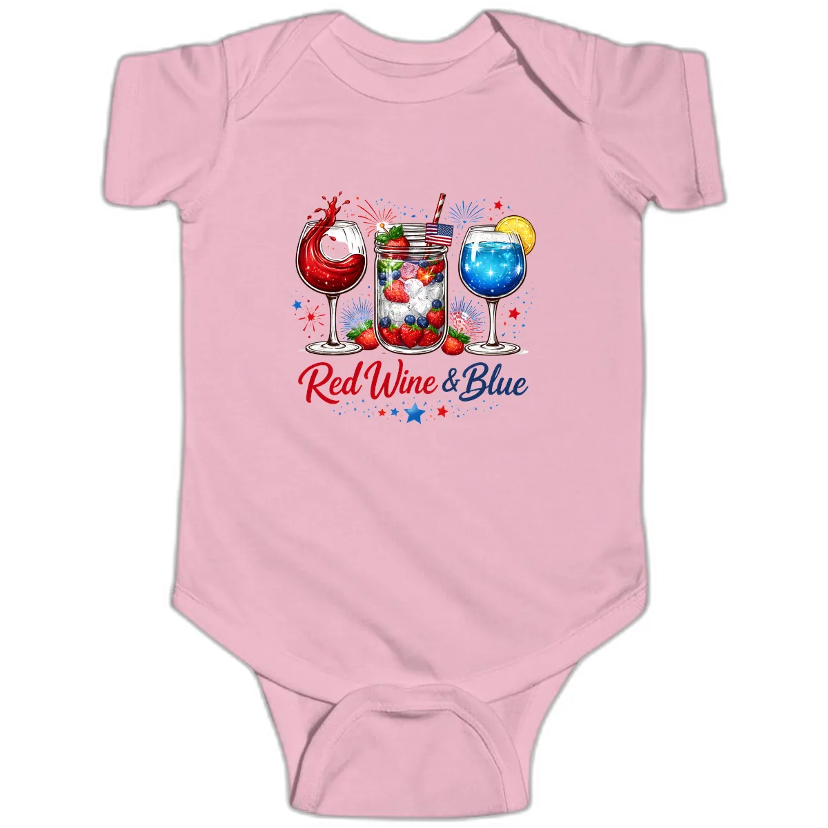 Red Wine & Blue Patriotic Summer Celebration Baby Onesie in Pink