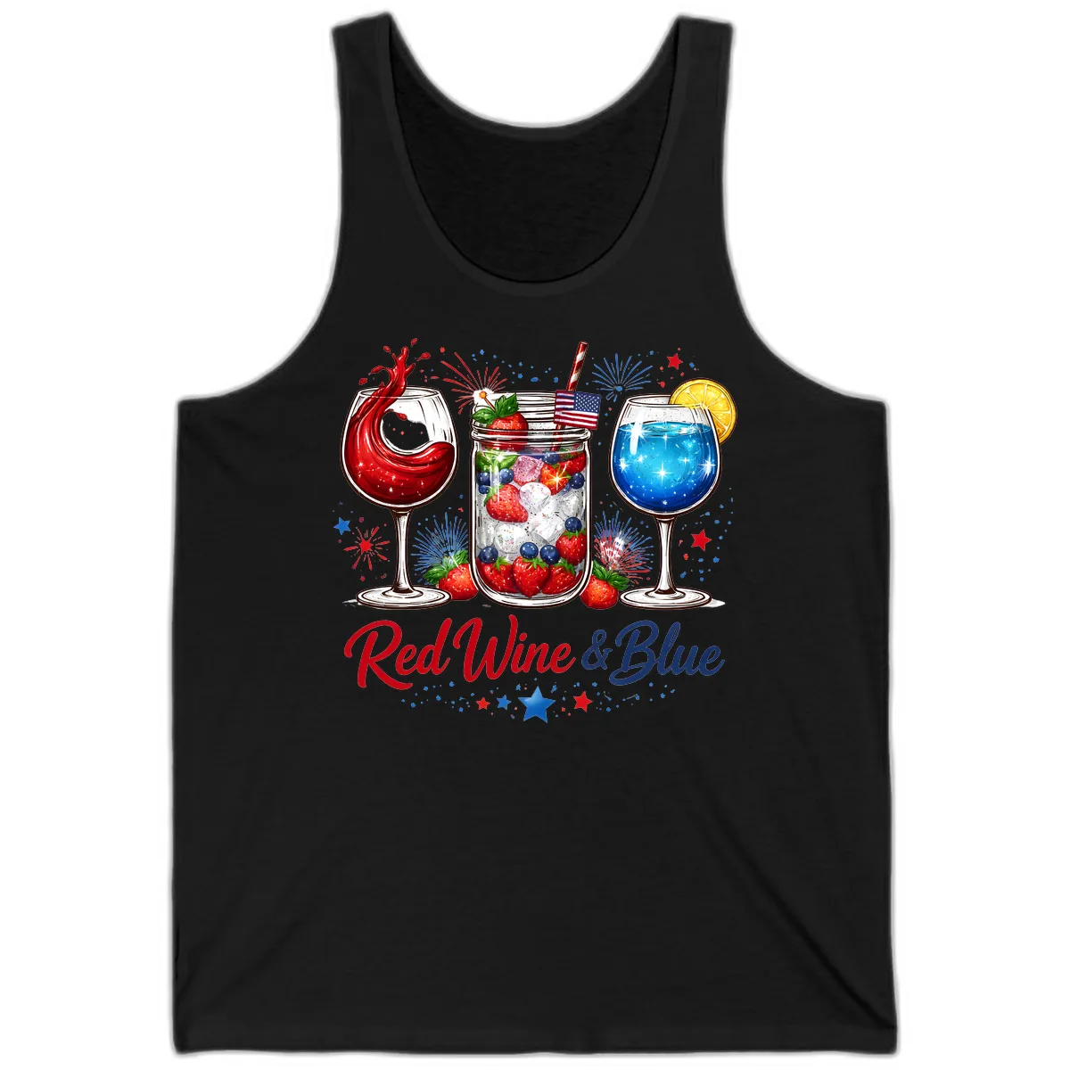 Red Wine & Blue Patriotic Summer Celebration Tank in Black