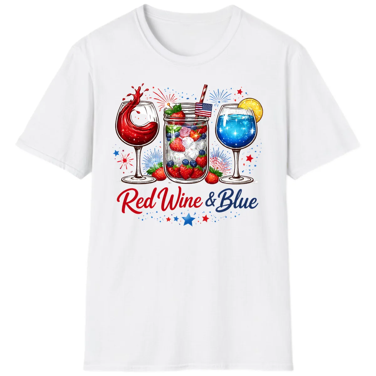 Red Wine & Blue Patriotic Summer Celebration T-Shirt in White