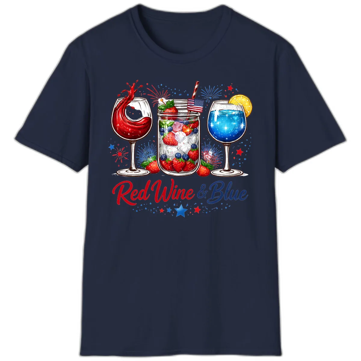 Red Wine & Blue Patriotic Summer Celebration T-Shirt in Navy