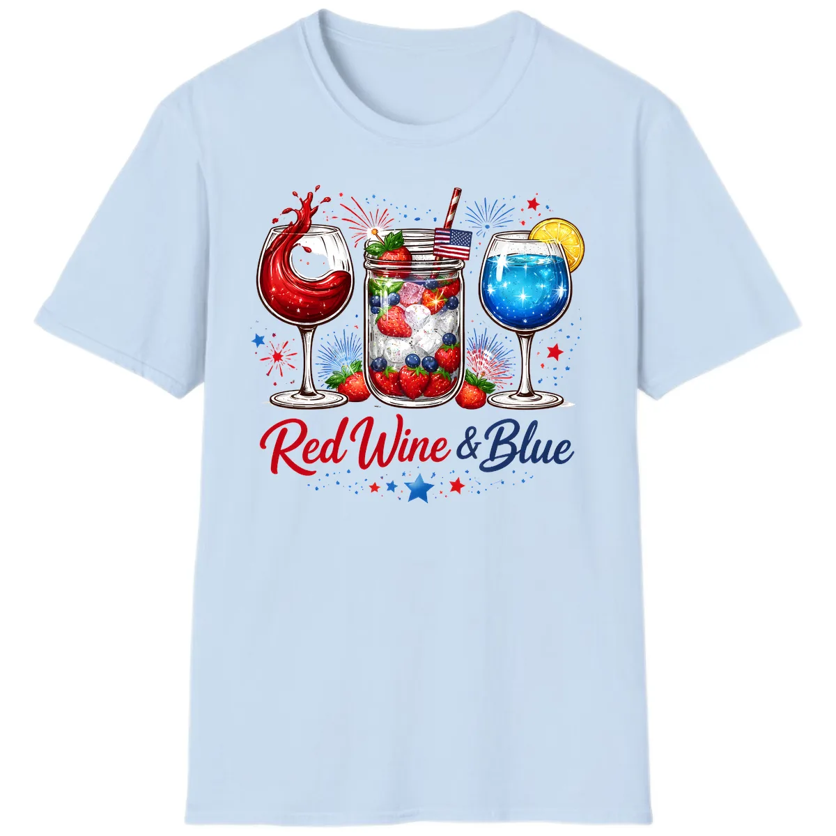 Red Wine & Blue Patriotic Summer Celebration T-Shirt in Light Blue