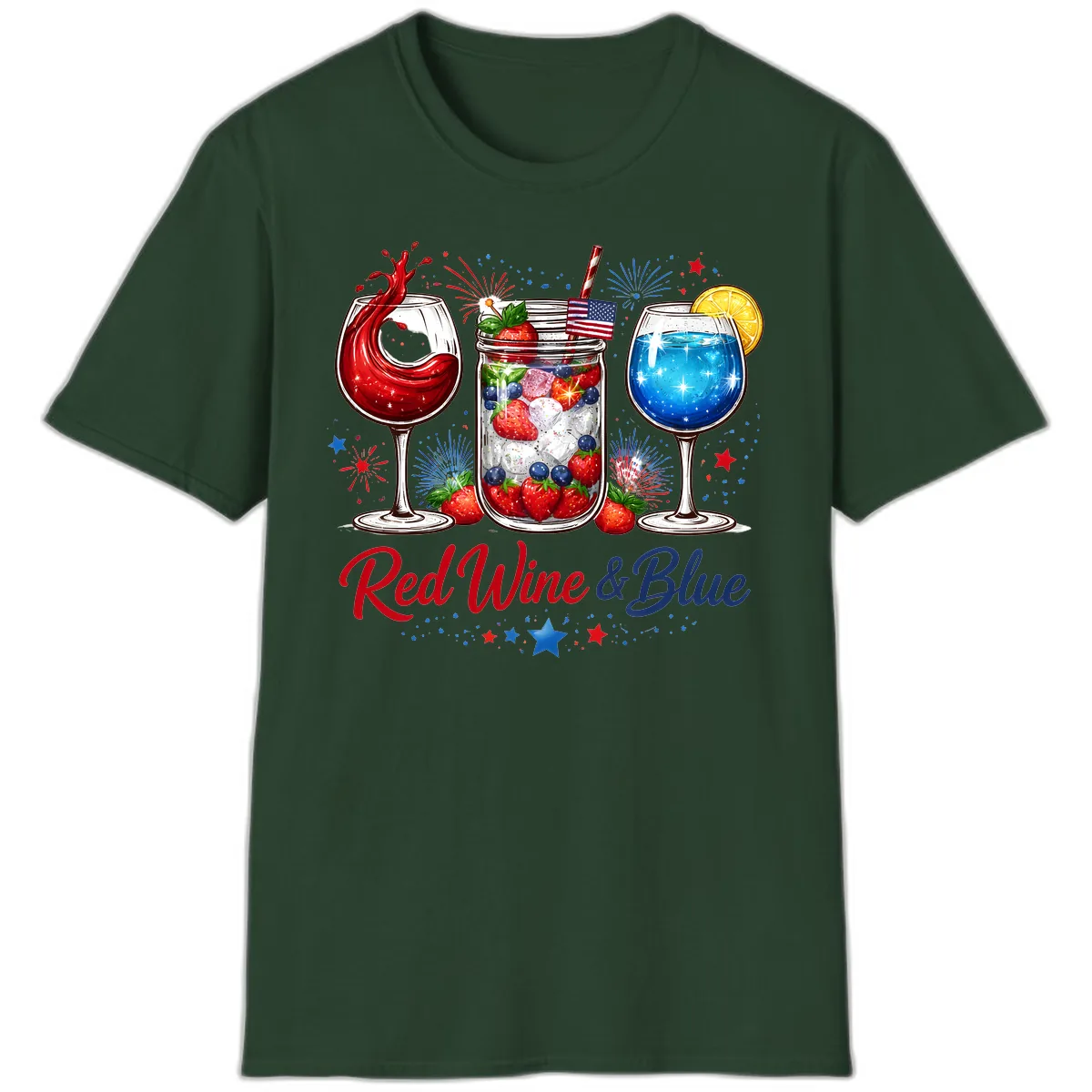 Red Wine & Blue Patriotic Summer Celebration T-Shirt in Forest Green