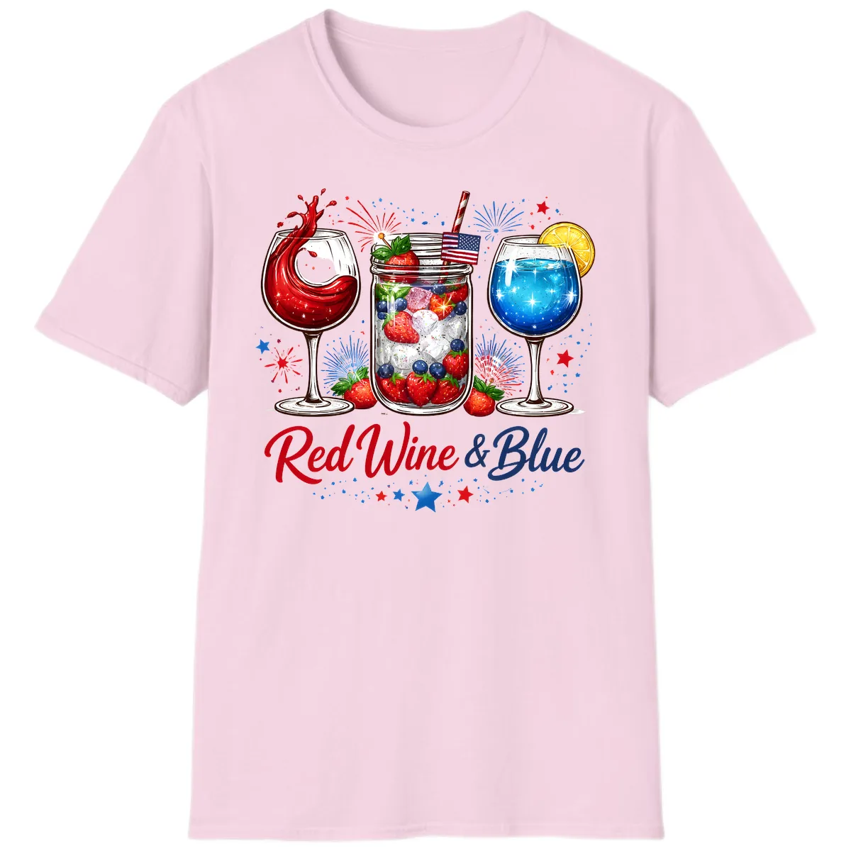 Red Wine & Blue Patriotic Summer Celebration T-Shirt in Light Pink